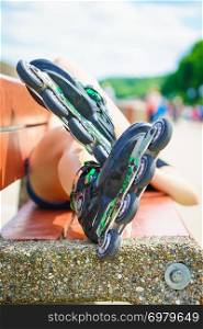 Active fun leisure sporty spring summer exercising outdoor activities concept. Closeup roller skates.. Roller skates close up