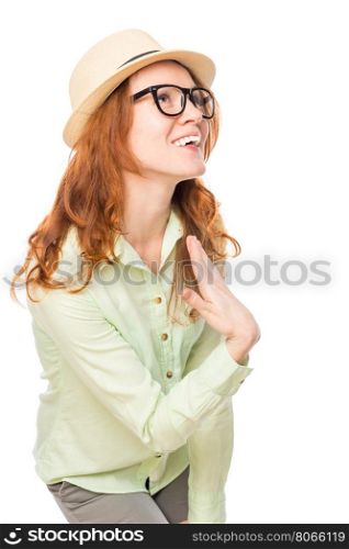 Active girl wearing a straw hat and glasses on a white background