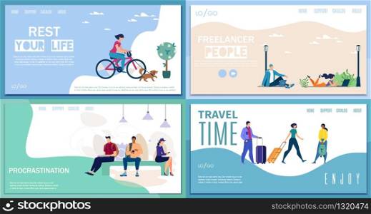 Active Leisure, Freelance Work, Travel Time, Procrastination in Social Networks Flat Vector Web Banners, Landing Pages. with Woman Riding Bike, Working Freelancers, Tourists with Baggage Illustration