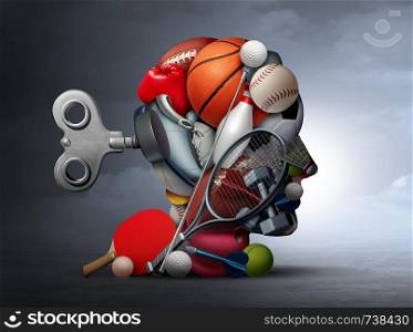 Active lifestyle and mental function or psychological benefits of sport and exercise as a group of sports equipment shaped as a human head as physical recreation for psycological health with 3D illustration elements.