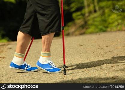 active mature lifestyle. senior nordic walking in a countryside park