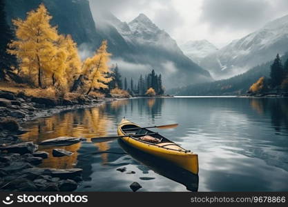 Active rest, tourism. Kayak near river bank, mountain background. Header banner mockup with copy space. AI generated.. Active rest, tourism. Kayak near river bank, mountain background. AI generated.