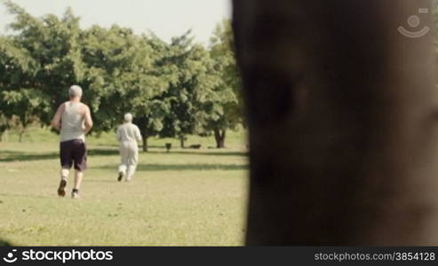 Active retirement, senior couple running and exercising in park. Dolly shot, sequence