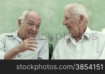 Active retirement, two elderly male friends talking on bench in public park