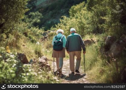 Active senior walking nature. Healthy couple. Fictional person. Generate Ai. Active senior walking nature. Generate Ai