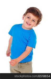 Active small child with blue t-shirt. Active small child with blue t-shirt isolated on a white background