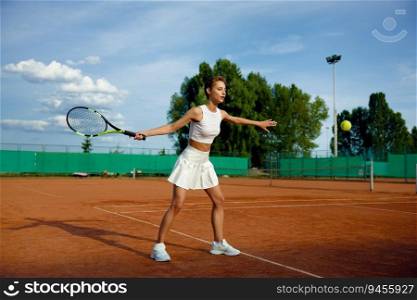 Active sporty woman with racket in hand playing tennis on outdoor court. Shot in motion of young female athlete hitting or serving ball. Active sporty woman with racket in hand playing tennis on outdoor court