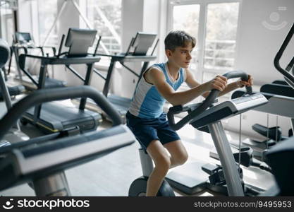 Active teenager boy doing cardio training on orbitrek at gym. Healthy and sports lifestyle for children. Active teenager boy doing cardio training on orbitrek at gym