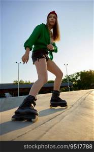 Active teenager girl rollerskater riding at outdoor rollerdrom. Summer recreational activity. Active teenager girl rollerskater riding at outdoor rollerdrom