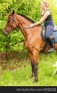 Active woman girl jockey training riding horse. Equitation sport competition and activity.. Woman jockey training riding horse. Sport activity