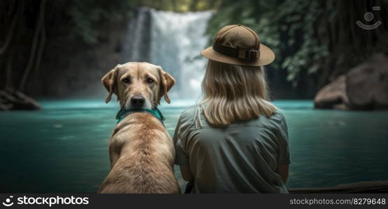 Active woman hiking to waterfall with labrador retriever dog. distinct generative AI image.. Active woman hiking to waterfall with labrador retriever dog