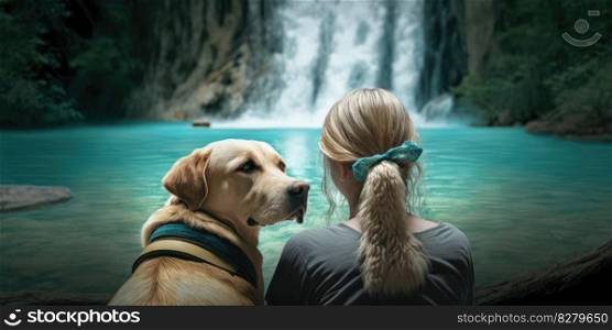 Active woman hiking to waterfall with labrador retriever dog. distinct generative AI image.. Active woman hiking to waterfall with labrador retriever dog