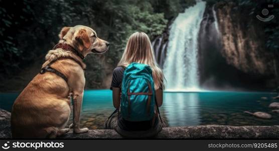 Active woman hiking to waterfall with labrador retriever dog. distinct generative AI image.. Active woman hiking to waterfall with labrador retriever dog