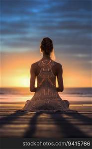 Active Woman Practicing Yoga Pose in the Morning at the Beach. Generative ai. High quality illustration. Active Woman Practicing Yoga Pose in the Morning at the Beach. Generative ai