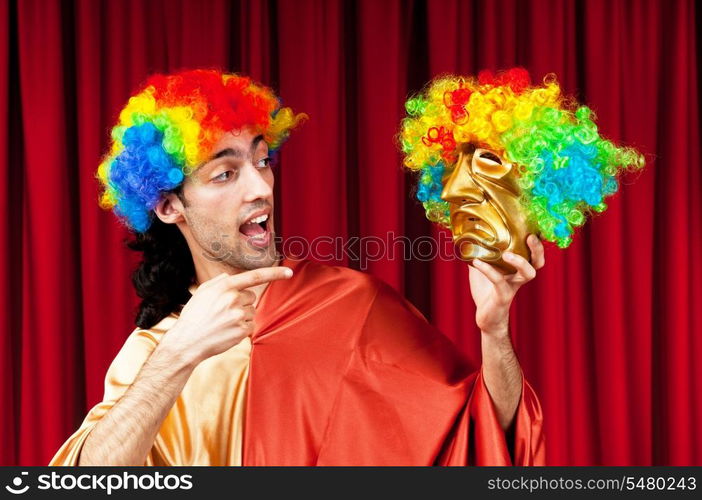 Actor with maks in a funny theater concept