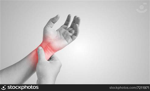 Acute pain in a women wrist, Intersection Symptom, Carpal Tunnel Syndrome concept black and white, Disease concept