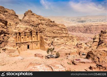 Ad Deir or The Monastery, ancient Nabataean stone carved temple view from above, Petra, Jordan