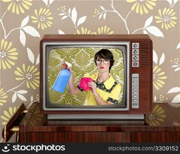 ad tv commercial retro nerd housewife cleaning chores wood television