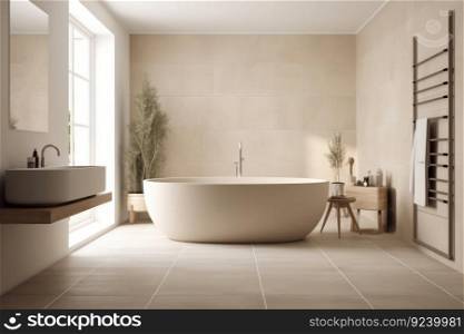 Add a touch of sophistication to your bathroom with this elegant tub and beautiful sink. AI Generative.