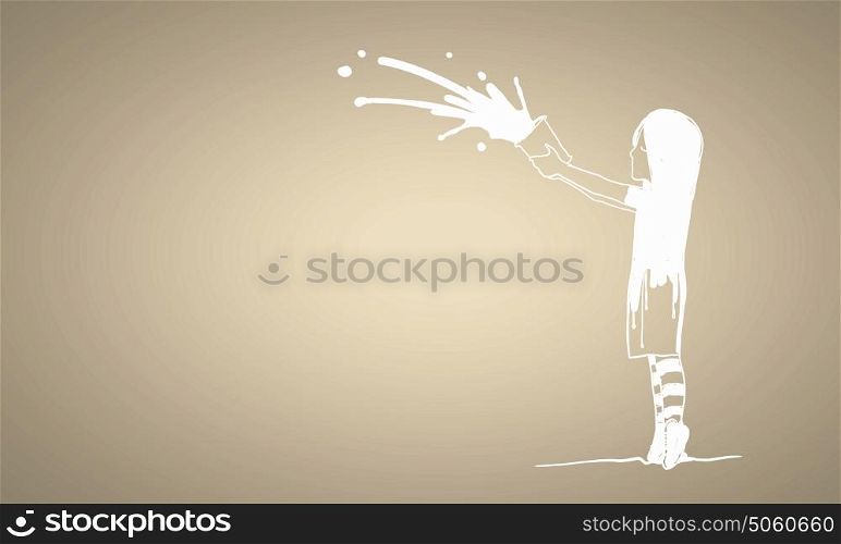 Add some color. Drawing of kid girl splashing paint from bucket