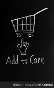 Add to cart button with a cart and cursor hand on a blackboard