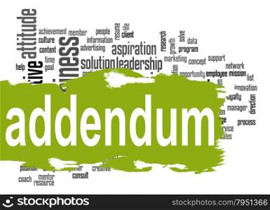 Addendum word cloud with green banner image with hi-res rendered artwork that could be used for any graphic design.. Decision word cloud with yellow banner