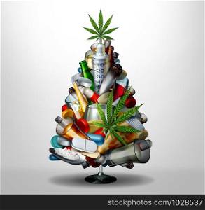 Addiction and drug abuse during Christmas holiday season and winter substance abuse as a medical health concept as a seasonal tree representing sobriety or alcohol consumption during the New Year as a 3D illustration.