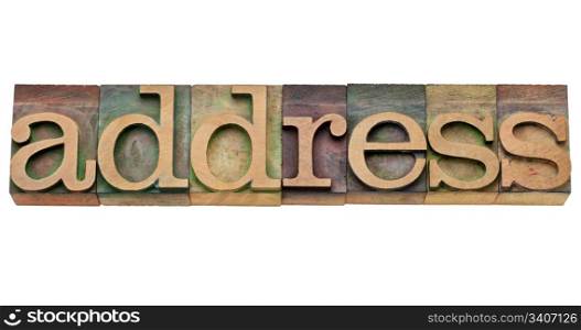 address - isolated word in vintage wood letterpress printing blocks, stained by color inks