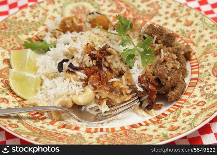 Adinner plate of home-made biryani-type fragrant lamb curry, cooked with dried apricots and yoghurt and garnished with toasted cashews, fried onions and coriander, served with cardamom-flavoured basmati rice.