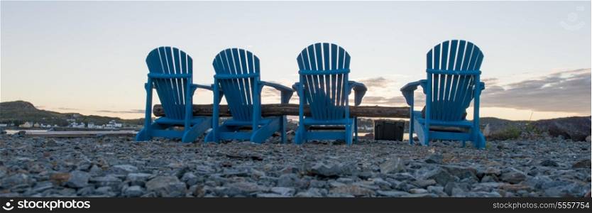 Adirondack chairs on the beach, Twillingate, South Twillingate Island, Newfoundland And Labrador, Canada