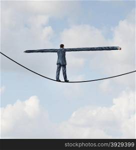 Adjust to risk with leadership solutions as a businessman with extremely stretched out arms for better balance walking on a tight rope to succeed at the road ahead as a business concept of adapting to challenges for strategy success.