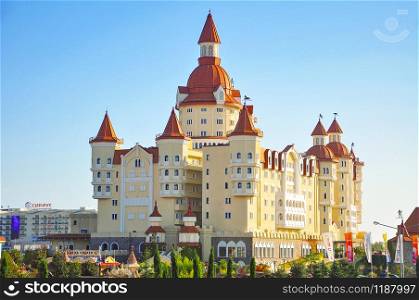 Adler, Russia - October 2, 2018-Hotel in the style of the medieval castle Bogatyr in thematic Sochi Park. Adler, Russia - October 2, 2018-Hotel in the style of the medieval castle Bogatyr in Sochi Park