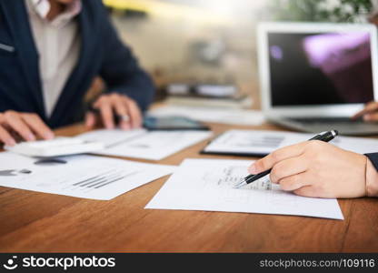 Administrator business man financial inspector and secretary making report, calculating balance. Internal Revenue Service checking document. Audit concept