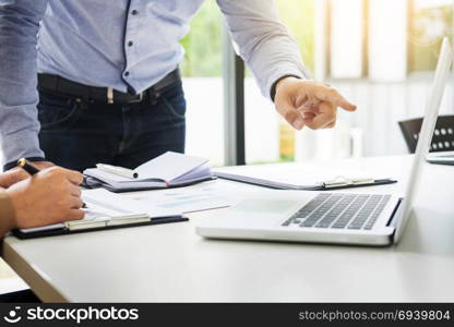 Administrator business man financial inspector and secretary making report, calculating balance. Internal Revenue Service checking document. Audit concept