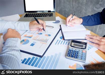 Administrator business man financial inspector and secretary making report, calculating or check balance. Internal Revenue Service inspector checking document. Audit concept.