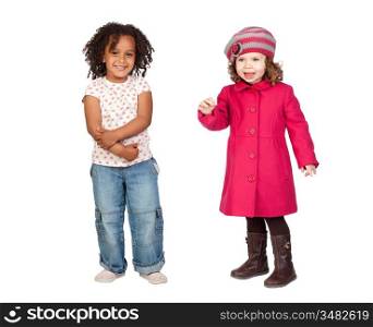 Adoable couple of little girls isolated on a over white background