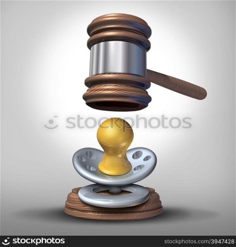 Adoption baby law and surrogacy or surrogate legal issues as a justice judge mallet or gavel coming down on an infant pacifier as a parenthood or reproductive or fertility law icon.