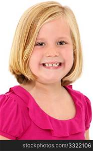 Adorabel 7 year old blond american girl close up head shot over white background smiling.