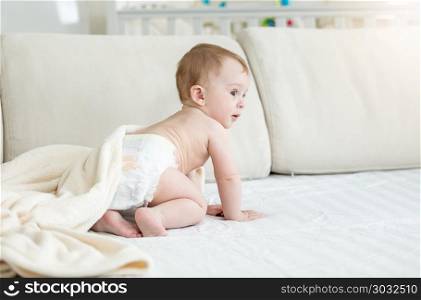 Adorable 10 months old baby boy in diapers sitting on sofa. 10 months old baby boy in diapers sitting on sofa