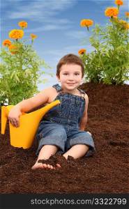 Adorable 3 year old american boy sitting in a marigold garden.