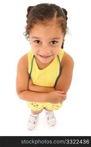Adorable 3 year old hispanic african american girl standing over white background top view.