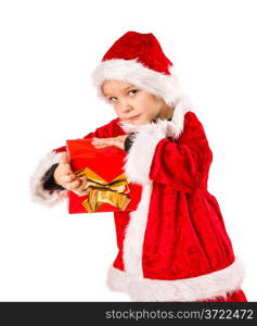 Adorable 5 year old boy wearing Santa Claus costume, Christmas gift, white background