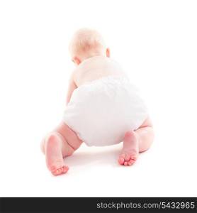 Adorable 6 month baby crawling isolated on white with copy space