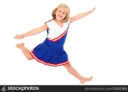 Adorable 7 year old blond american girl in cheerleader uniform barefoot over white background.