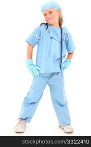 Adorable 7 year old blond girl in surgical scrubs over white background.