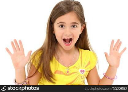 Adorable 7 year old girl with surprised expression over white background.