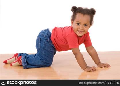 Adorable african baby crawl over wooden floor