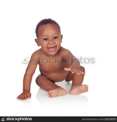 Adorable african baby in diaper crying isolated on a white background