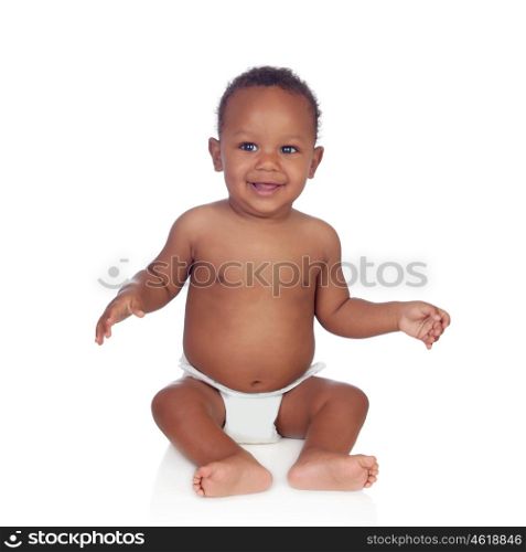 Adorable african baby in diaper sitting on the floor isolated on a white background