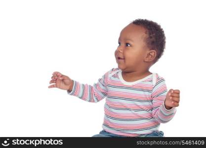 Adorable african baby looking something isolated on a white background